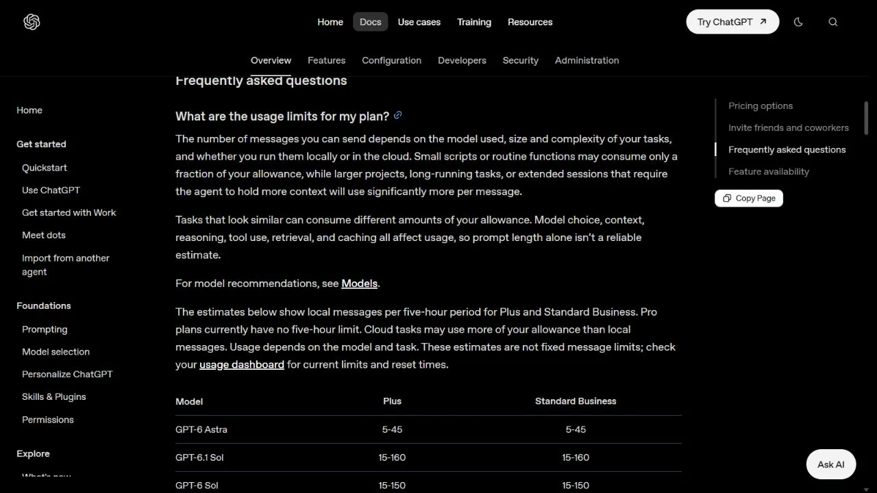 OpenAI 官方文档:Plus 五小时用量估计与 Pro 当前无五小时限额