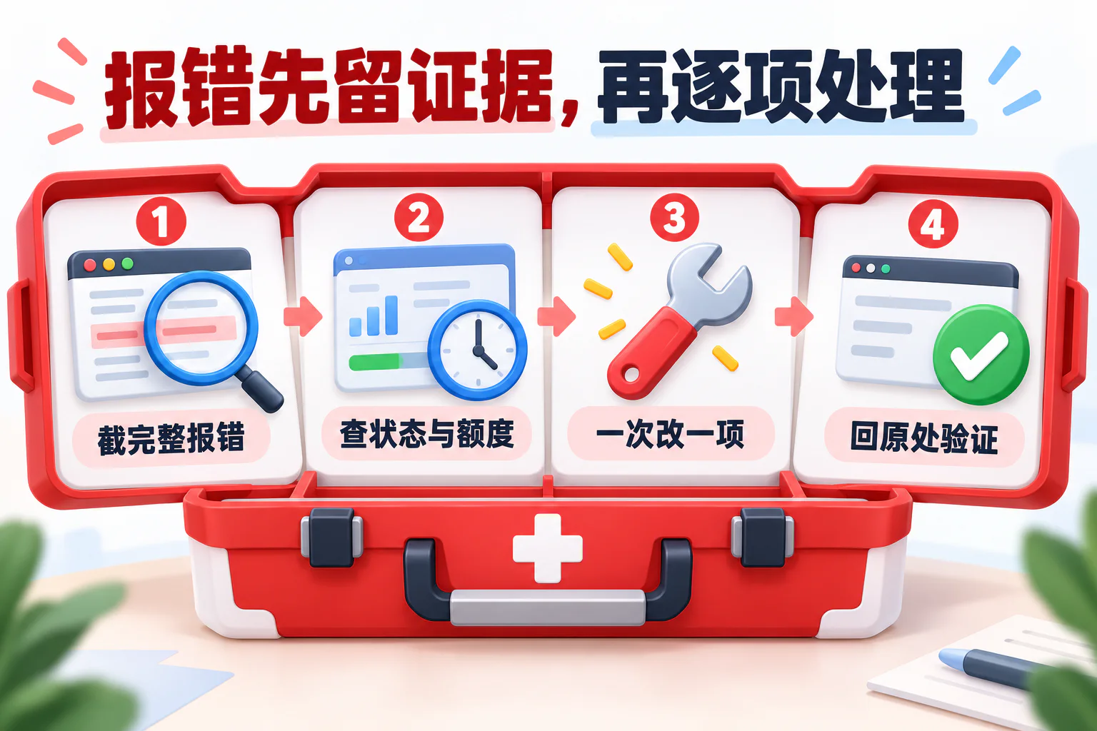 报错先留证据，再逐项处理